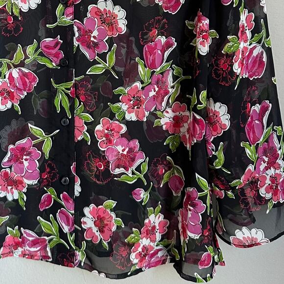 Women's Vintage Notations Sheer Floral Top 90s Button Up Whimsy Size Large - Picture 3 of 10